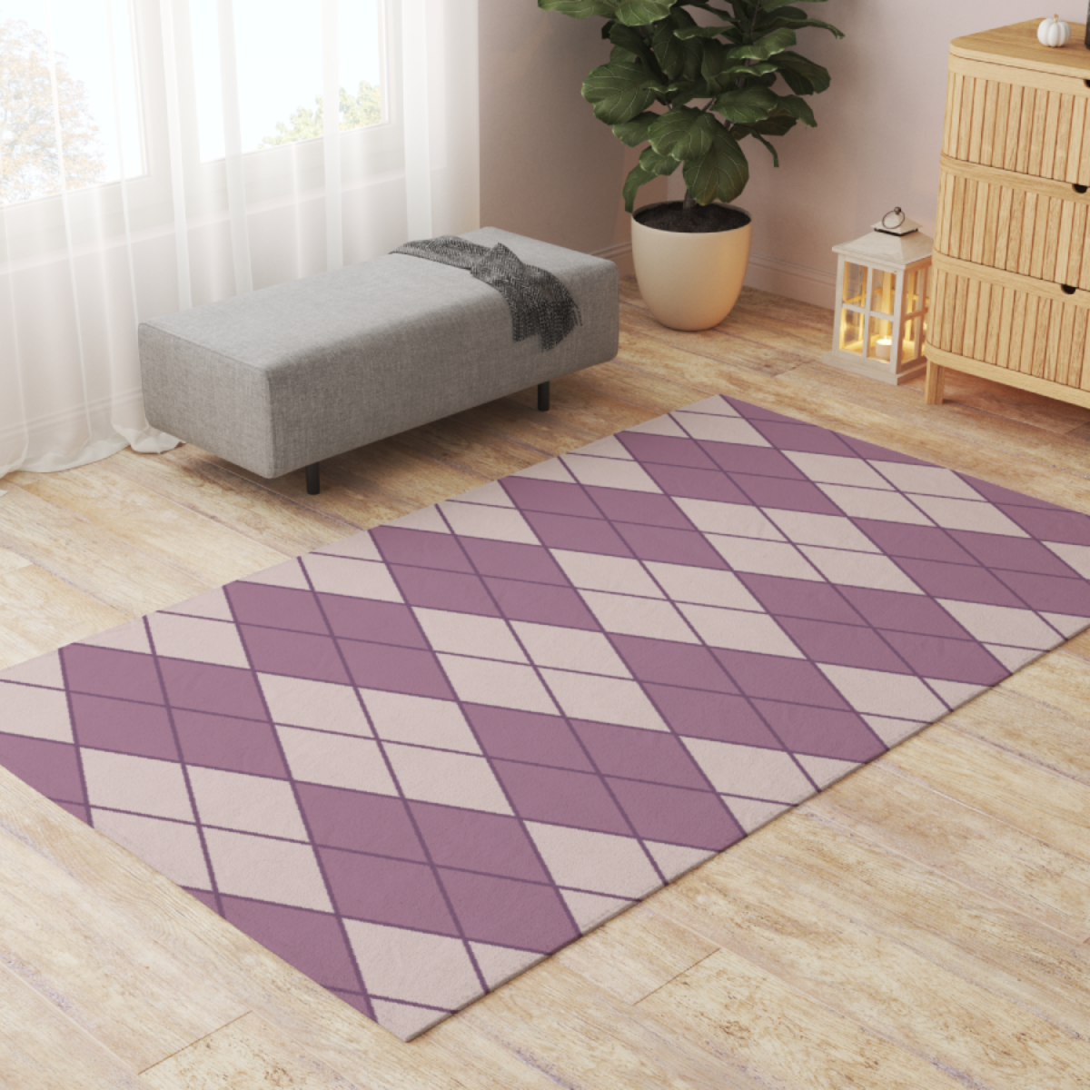 Purple Argyle Pet Playpen Mat - Soft Chenille Floor Rug for Rabbits & Small Pets