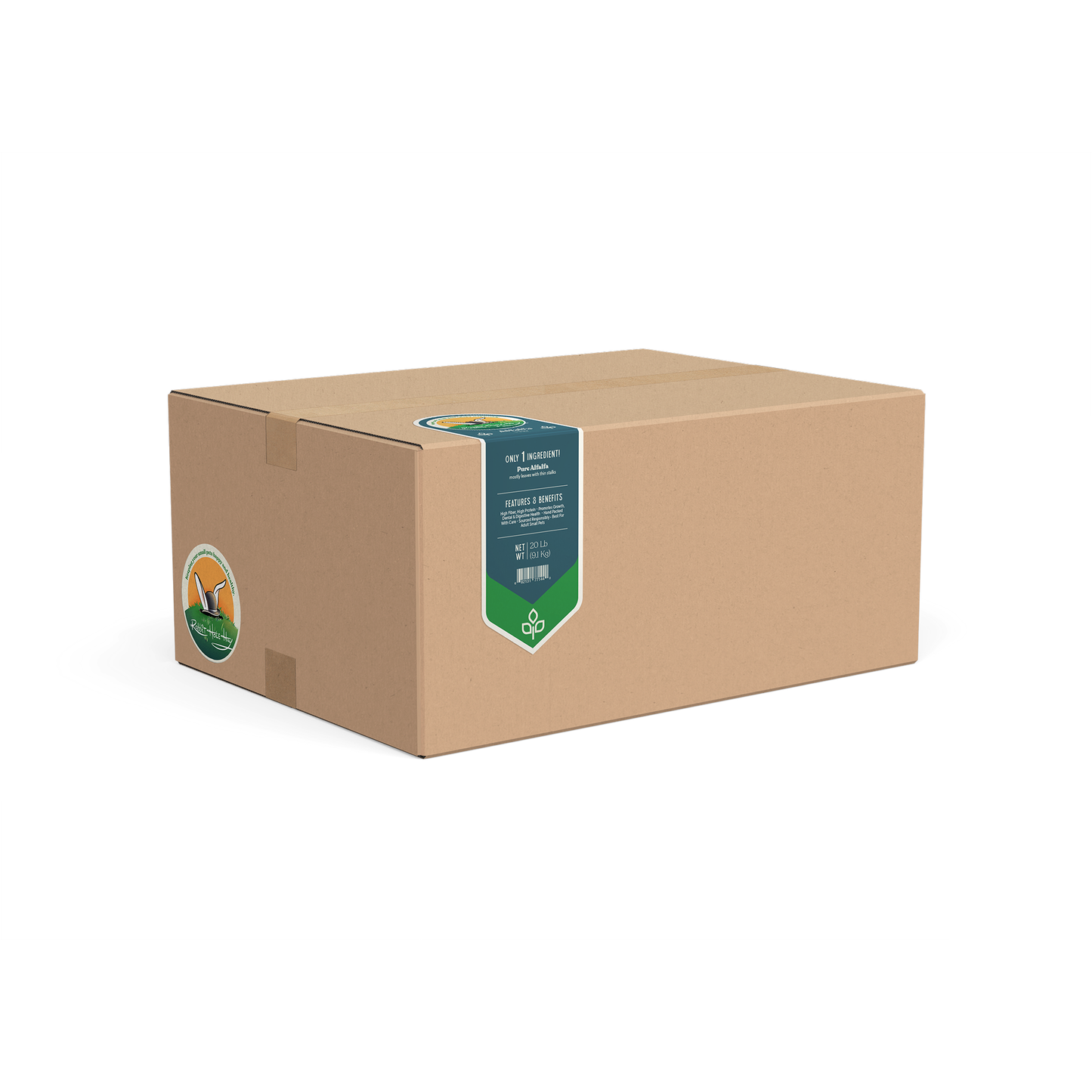 Cardboard box with a green label on a white background