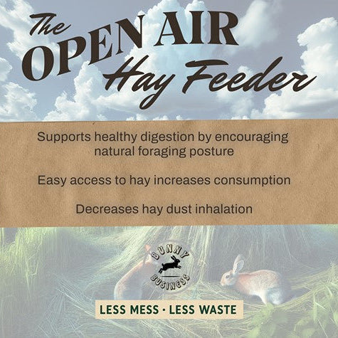 Advertisement for 'The Open Air Hay Feeder' highlighting benefits for digestion, increased hay consumption, and reduced hay dust inhalation, featuring a blurred background of a rabbit and grass.