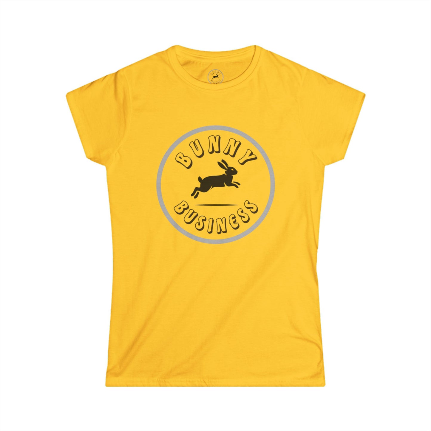Yellow t-shirt with 'Bunny Business' graphic on a white background