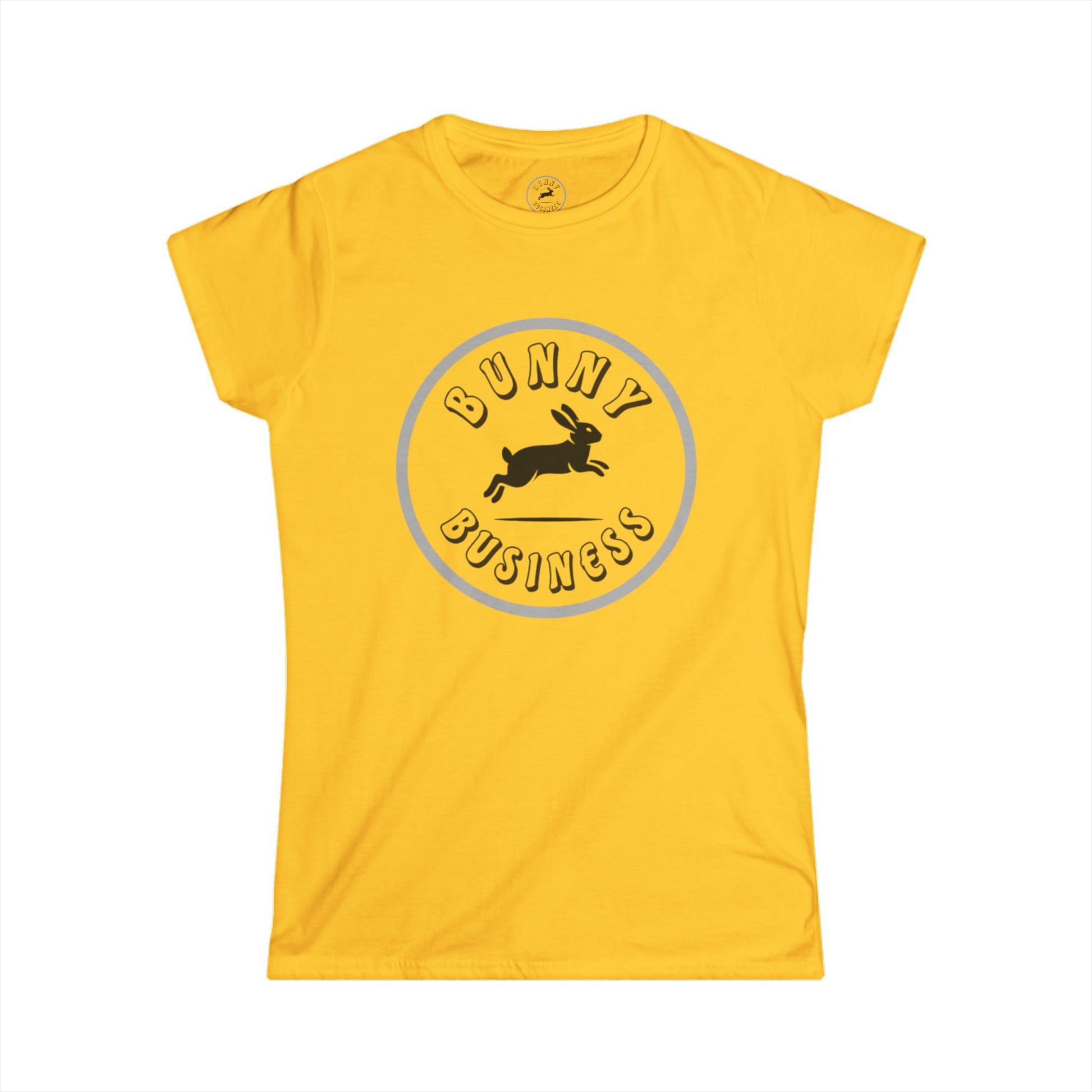 Yellow t-shirt with 'Bunny Business' graphic on a white background