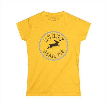 Yellow t-shirt with 'Bunny Business' graphic on a white background