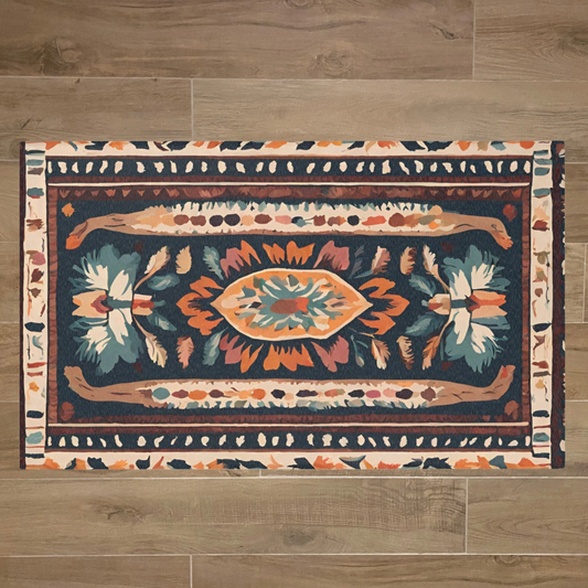 Decorative rug with geometric pattern on a wooden floor