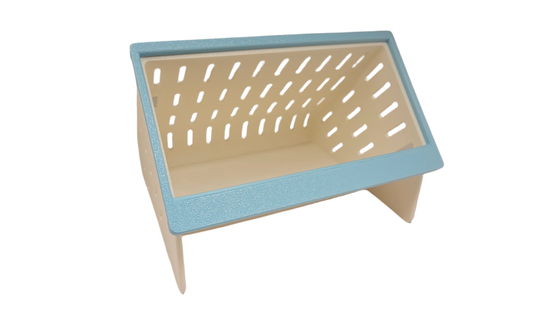 white rabbit hay feeder with blue front