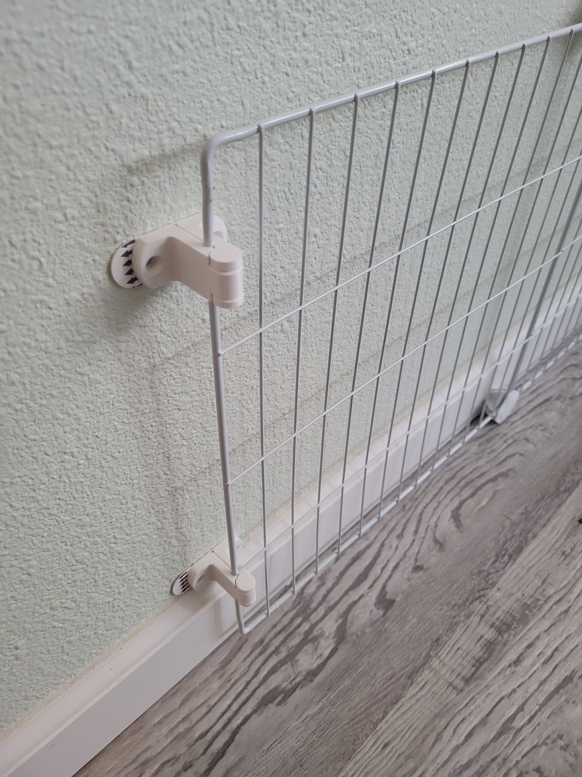 Pet xpen panels attached temporarily to the wall with adhesive strips to prevent rabbits from chewing baseboards